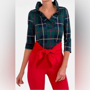 Gretchen Scott Duke of York Green Plaid Ruffle Collar Top